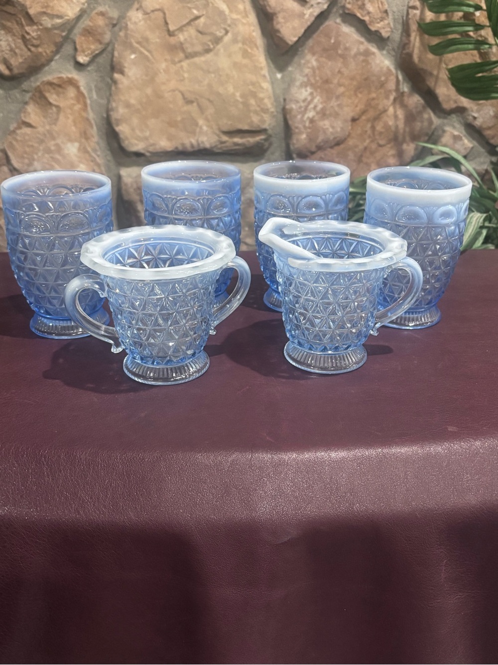 Imperial Katy blue opalescent tumblers and cream and sugar